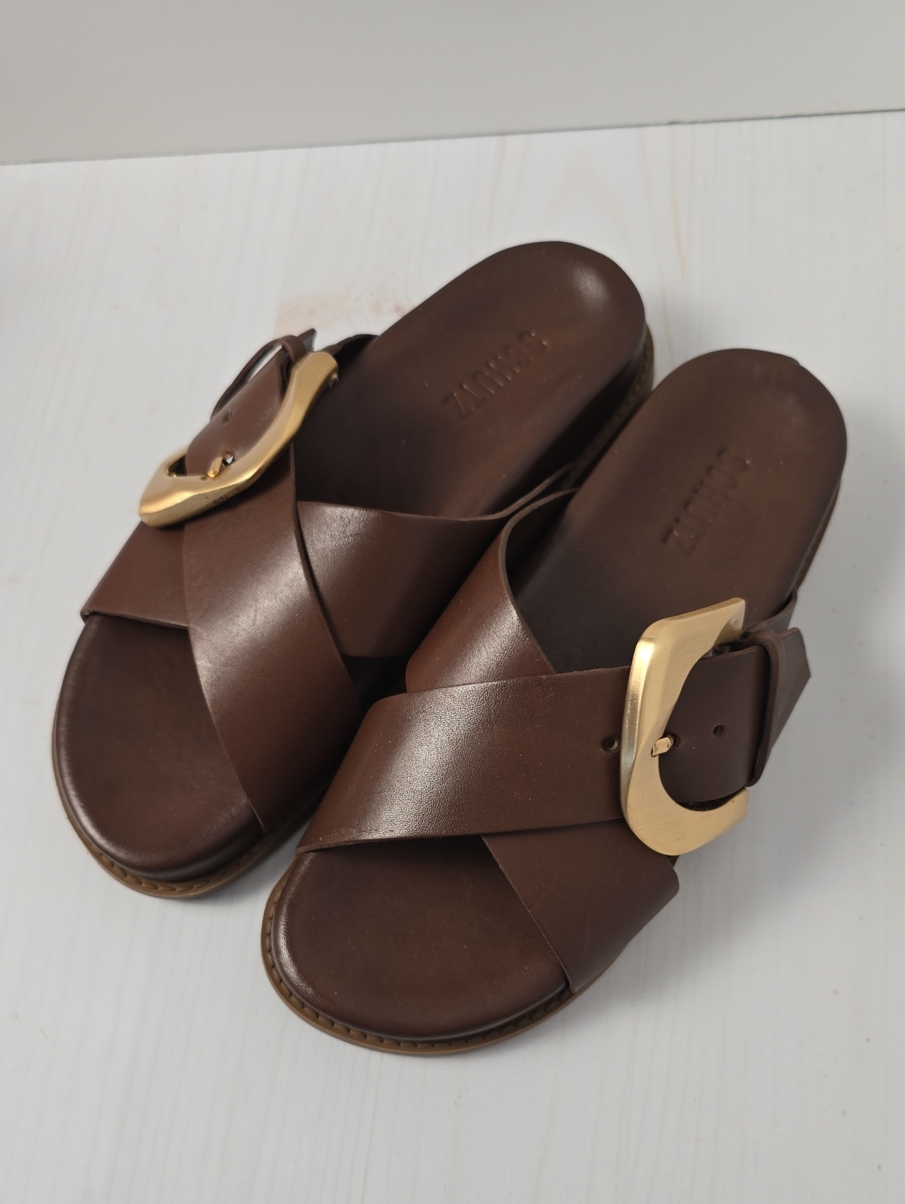 Schutz Brown Leather Slide Mules With Gold Buckle